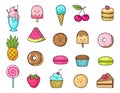 Funny icons of sweets, fruit and ice cream. Donuts, cupcakes, cakes and cookies Royalty Free Stock Photo