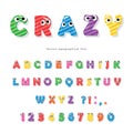 Funny kids font with eyes. Cartoon glossy colorful letters and numbers.