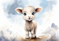 Funny illustrated invitation card with watercolor lamb, for children\'s parties or other uses. AI generated