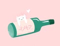 Funny illustration with bottle of soju and cute cat character with heart. Text on label is Korean word soju -