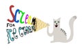 Funny illustration of cat screaming in waffle cone like a speaker demanding for ice cream