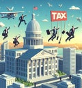 funny illustration depict a man fly jump tax or public service , tax evasion avoidance concept