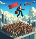 funny illustration depict a man fly jump tax or public service , tax evasion avoidance concept