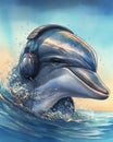 funny illustration of a dolphin in watercolor painting style wearing a headphone Royalty Free Stock Photo