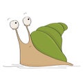 Funny illustration of frightened or terrified cute little snail wondering whether to run, seeing some danger behing him