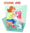 Funny illustration girl sewing at machine