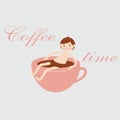 Funny illustration of a guy sitting in a cup of coffee