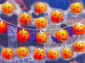 Funny illustration about halloween celebration with rows of pumpkins in different position on a background of fabric scraps