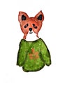 Funny illustration image of cute red fox in big green sweater with chestnut autumn leaf