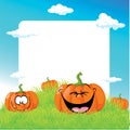 Funny illustration with pumpkin on green grass