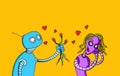 Funny illustration of a robot in love that gives a bunch of plugs to a girl robot as if they were flowers Royalty Free Stock Photo