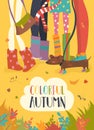 Funny illustration of woman legs in rubbers boots. Falling yellow and orange leaves around