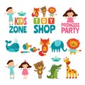 Funny illustrations of kids and animals. Vector logos for childrens