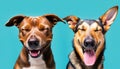 Funny image of two dogs of different breeds, looking at camera with eyes closed, isolated on blue background with copy space Royalty Free Stock Photo