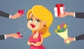 Attractive Blonde Woman Receiving Courtship Gestures Vector Cartoon Illustration