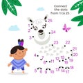 Funny Indian boy play with alpaca. Activity page for kids. Educational game. Connect dots from 1 to 25. Royalty Free Stock Photo