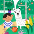 Funny Indian boy play with alpaca. Cute cartoon character. Vector illustration for children games, design of books Royalty Free Stock Photo