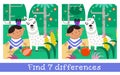 Funny Indian boy play with alpaca. Find 7 differences. Game for children. Hand drawn full color illustration. Vector Royalty Free Stock Photo