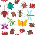 Funny Insects Spider Butterfly Dragonfly Mantis Beetle Wasp Ladybugs Seamless Pattern On White Background. Vector