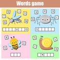 Insects Write missing letters and complete words. Crossword for kids and toddlers. Educational children game