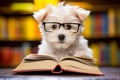 Funny Intelligent dog wearing glasses reading book in the library setting with copy space for text Royalty Free Stock Photo