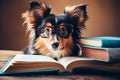 Funny Intelligent dog wearing glasses reading book in the library setting with copy space for text Royalty Free Stock Photo