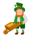 Funny Irish character, leprechaun, moving of cart filled with gold.