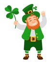 Funny Irish character, leprechaun, with lucky clover leaf in hands.