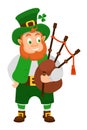 Funny Irish fantastic character, leprechaun smiling holding of bagpipe.