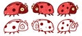 Funny Isolated Lady Bugs, Vector Set. Contour And Colored Illustration Of Cute Ladybirds