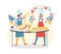 Funny italian chef cooks cooking pizza flat vector illustration isolated.
