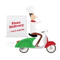 Funny italian chef delivering pizza on a moped Royalty Free Stock Photo