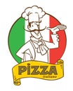 Funny italian chef with pizza. Emblem design Royalty Free Stock Photo