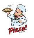 Funny italian chef with pizza. Emblem design Royalty Free Stock Photo