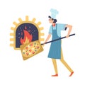 Funny italian cook putting pizza into stove, flat vector illustration isolated.