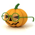 Funny Jack O Lantern. Halloween pumpkin with green glasses