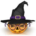 Funny Jack O Lantern. Halloween pumpkin with purple glasses, wearing a witch's hat