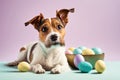 Funny jack russell dog with easter decoration. Pink background with copy space Royalty Free Stock Photo