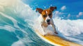 Funny Jack Russell dog surfs in ocean, happy pet surfer rides sea wave, animal in blue water in summer. Concept of sport, travel, Royalty Free Stock Photo