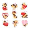 Funny Jack Russell Terrier dog with hearts set, cute Valentine animal character vector Illustration