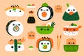 Funny Japanese food. Cute sushi characters. Kawaii rolls and salads. Asian cuisine. Tofu and soy sauce. Seaweed with