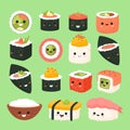 Funny japanese food. Rolls and sushi cartoon characters, kawaii comic ingredients, asian cuisine emoji, rice, salmon in Royalty Free Stock Photo