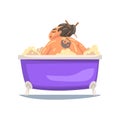 Funny Japanese Man with Tattoo on His Back Taking Bath, Male Character Relaxing in Bathtub Full of Foam Vector