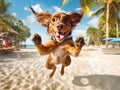 Funny joyful dog jumping and playing on tropical sand beach. Cool and happy holiday or vacation concept. Created with generative