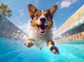 Funny joyful dog jumping to water in swimming pool. Cool and happy holiday or vacation concept. Created with generative Ai Royalty Free Stock Photo