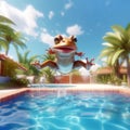 Funny joyful frog jumping to water in swimming pool. Cool and happy holiday or vacation concept. Created with generative Ai Royalty Free Stock Photo