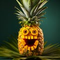 Funny juicy bright pineapple. Exotic fruit on leaves smiling happily. Fruit carving hobby Close up. Generative AI Royalty Free Stock Photo