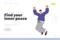 Funny jumping man character with happiness on face feeling inner peace, landing page template Royalty Free Stock Photo