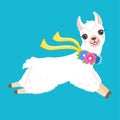 Funny jumping white llama with colorful flowers