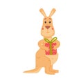 Funny Kangaroo Marsupial Animal Holding Wrapped Gift Box Vector Illustration Royalty Free Stock Photo